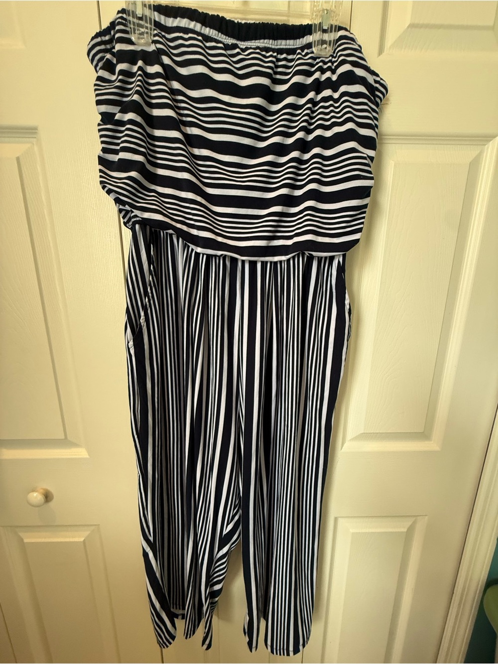 J for Justify Navy and White Striped Strapless Jumpsuit